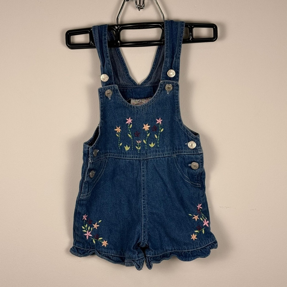 VINTGAE ICZ Kids Floral Embroidered Denim Shortalls Ruffle Hem Blue 12M